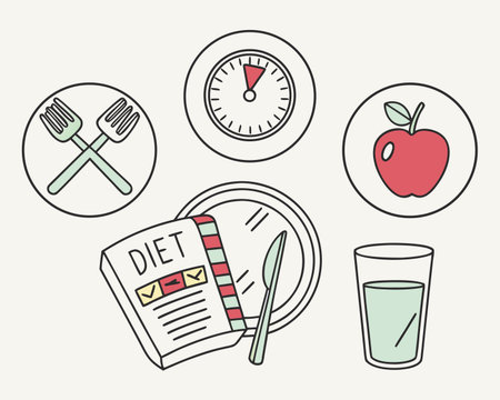 Food and drink icons. Vector illustration in flat linear style. Diet and nutrition.のイラスト素材