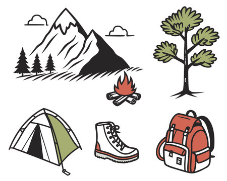 Camping and hiking icons. Vector illustration of a set of camping equipment.のイラスト素材