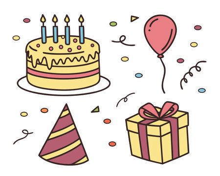 Birthday set. Vector illustration in doodle style. Isolated on white background.のイラスト素材