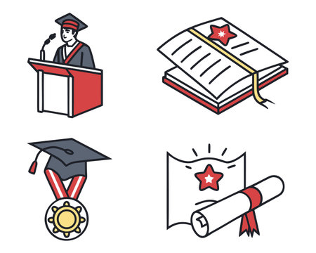 Graduation icons set. Vector illustration in thin line style on white background.のイラスト素材