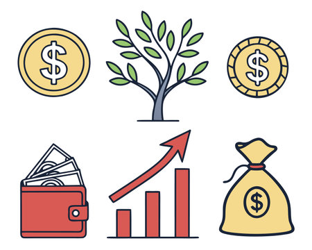 Money and business icons set. Colorful flat vector illustration. Isolated on white backgroundのイラスト素材
