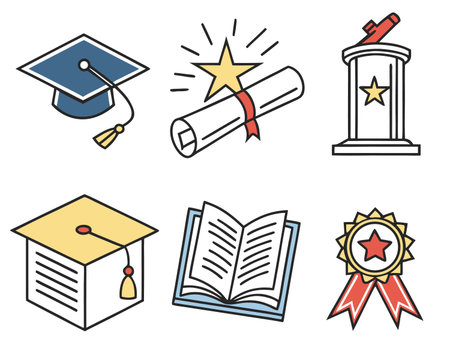 Graduation icons set. Line art vector illustration of education symbols.のイラスト素材