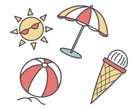 Summer icon set. Vector illustration in doodle style isolated on white background.のイラスト素材