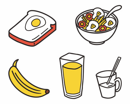 Breakfast icons set in doodle style. Vector illustration.のイラスト素材