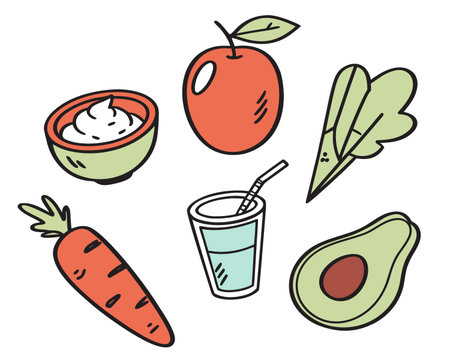 Fruit and vegetable icon set in doodle style. Vector illustration.のイラスト素材