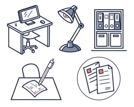 Office icons set. Line style vector illustration. Workplace elements.のイラスト素材