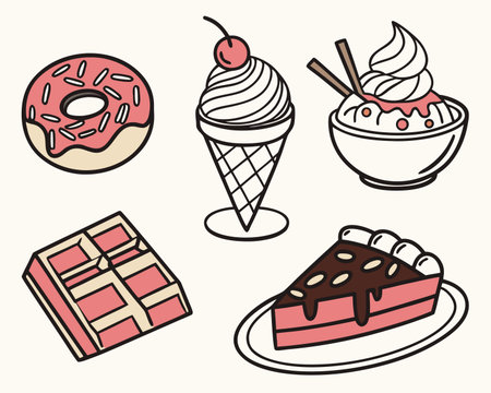 Dessert icons set in doodle style. Vector illustration.のイラスト素材