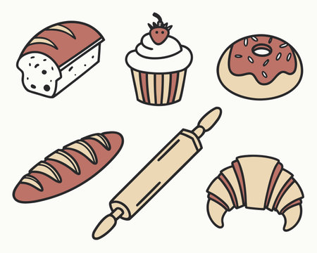 Set of bakery icons. Vector illustration in doodle style.のイラスト素材