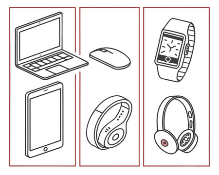 Smartphone, laptop, headphones and mouse line icons set. Vector illustrationのイラスト素材