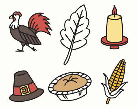 Thanksgiving icons set. Vector illustration in doodle style.のイラスト素材
