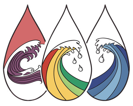 Three water drops with colorful splashes on white background. Vector illustration.のイラスト素材