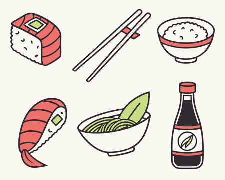 Japanese food icon set in line art style. Vector illustration of Japanese food.のイラスト素材