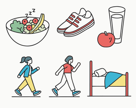 Healthy lifestyle icons set. Vector illustration in thin line style.のイラスト素材