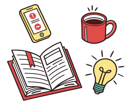 Vector illustration of book, cup of coffee and lightbulb.のイラスト素材