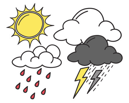 Set of weather icons. Vector illustration in doodle style.のイラスト素材