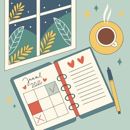 Coffee cup, notebook and calendar. Vector illustration in flat styleのイラスト素材