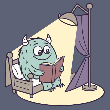 Vector illustration of a cute cartoon monster reading a book in bed.のイラスト素材