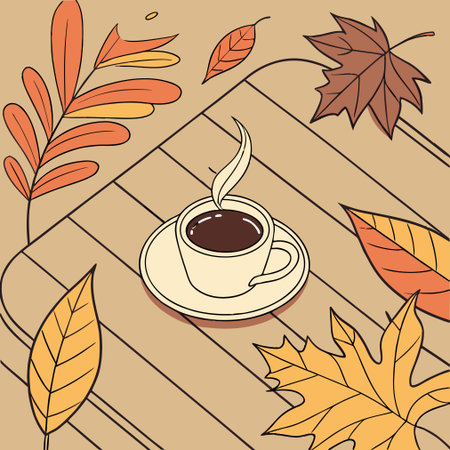 Coffee cup and autumn leaves on wooden background. Vector illustration.のイラスト素材