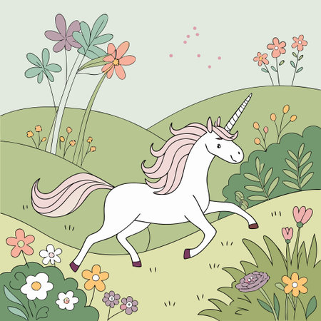 Unicorn on the meadow with flowers. Vector illustration.のイラスト素材
