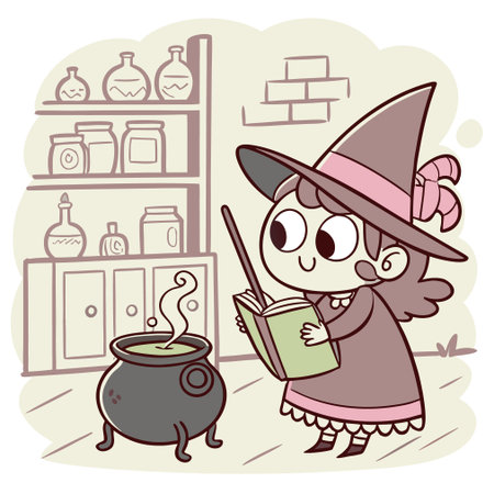 Illustration of a Little Girl Wearing a Witch Costume Reading a Book at Homeのイラスト素材