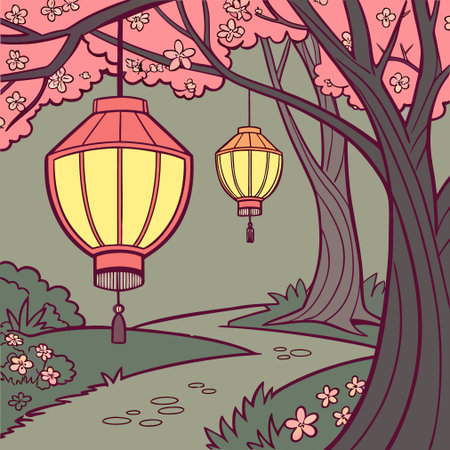 Chinese lanterns and cherry blossoms on a green background. Vector illustration.のイラスト素材