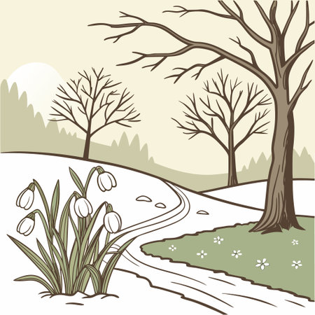Illustration of a snowdrop on a country road in winter.のイラスト素材