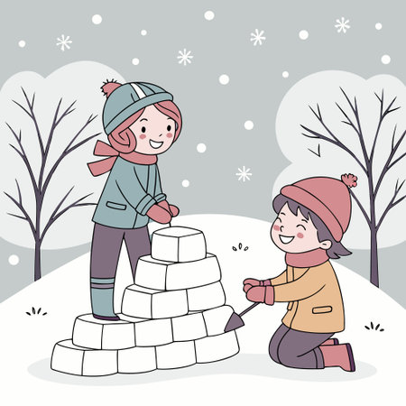 Children building snowman. Vector illustration of happy boy and girl building snowman.