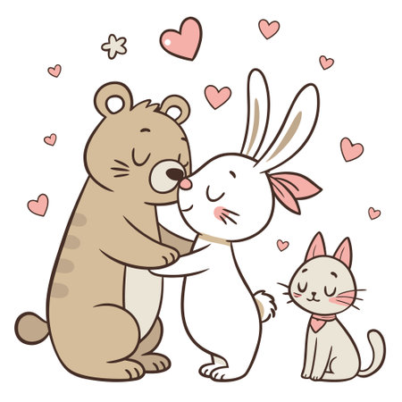 Illustration of a Cute Cartoon Rabbit Giving a Kiss to a Rabbitのイラスト素材