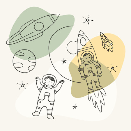 Cute hand drawn vector illustration of astronaut, rocket and little boy. Doodle style.のイラスト素材