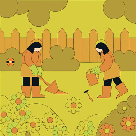 Vector illustration of two women working in the garden with a shovel and watering canのイラスト素材