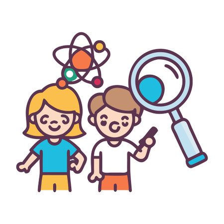 Boy and girl with magnifying glass and atom, flat vector illustrationのイラスト素材
