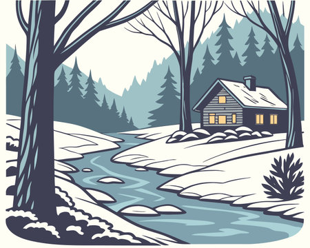 Winter landscape with a house and a river. Vector illustration in retro style.のイラスト素材