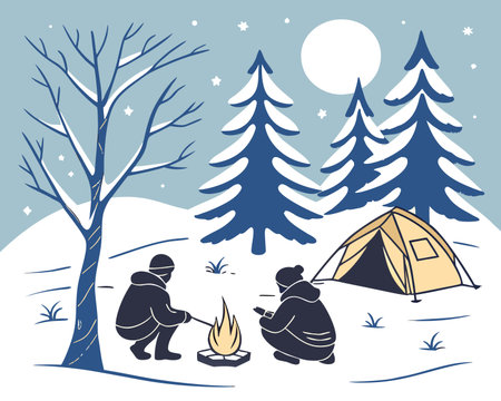 Camping in the forest on a winter night. Vector illustration.のイラスト素材