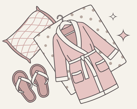Vector illustration of a pink bathrobe, flip flops and pillow.のイラスト素材