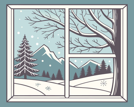 Window with winter landscape and snowflakes. Vector illustration in flat styleのイラスト素材