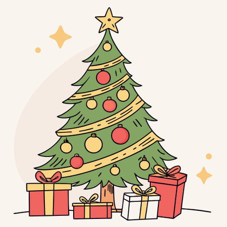 Christmas tree with gifts. Vector illustration in doodle style.のイラスト素材