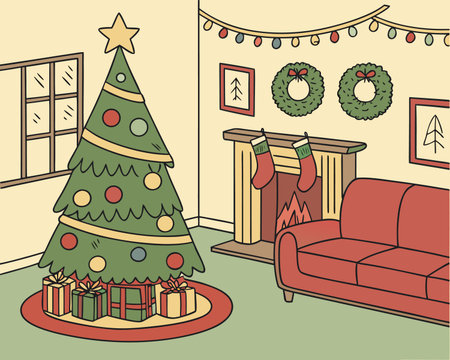 Christmas tree with presents and fireplace in living room. Vector illustration.のイラスト素材