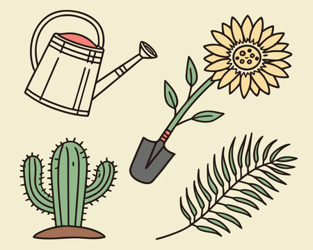 Gardening tools and plants. Vector illustration in doodle style.のイラスト素材