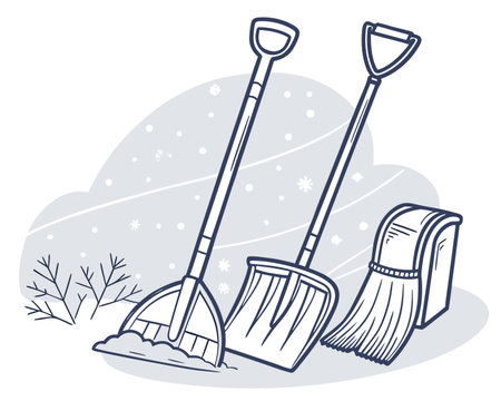 Snow cleaning tools. Vector illustration of a snow shovel and rake.のイラスト素材
