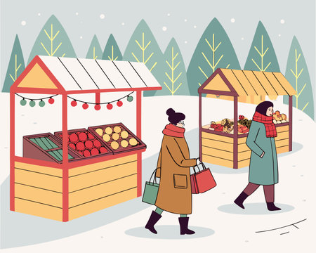 Vector illustration of a woman shopping at a farmers market in winter.のイラスト素材