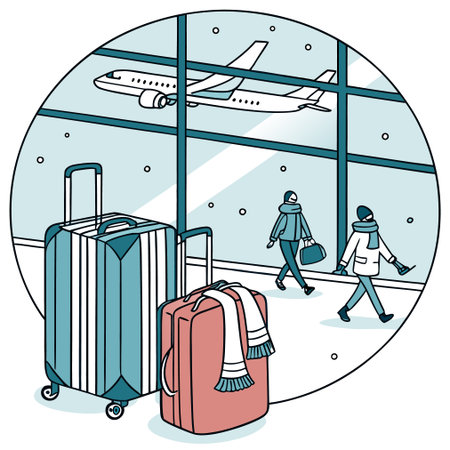 Airport terminal with people and luggage. Vector illustration in cartoon style.のイラスト素材