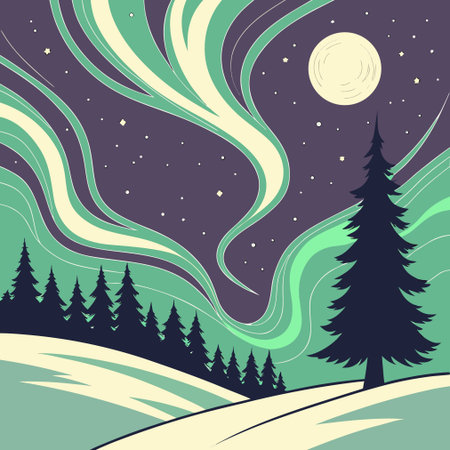 Winter landscape with coniferous forest and full moon. Vector illustration.のイラスト素材