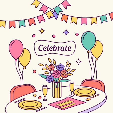 Celebration table with flowers and balloons. Hand drawn vector illustration.のイラスト素材