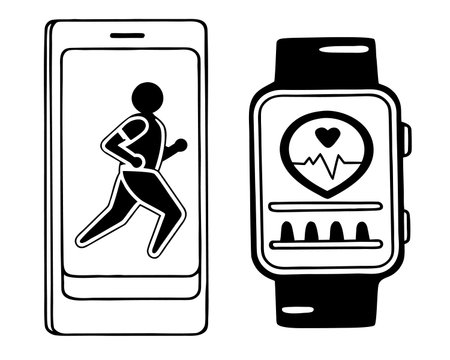 Smart watch with heart rate monitor and running man. Vector illustration.のイラスト素材