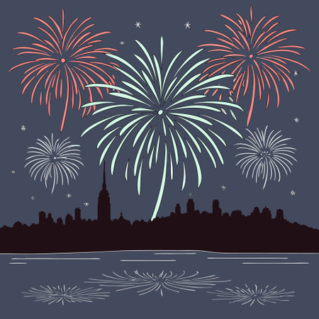 New York City Skyline with Fireworks. Vector Illustration.のイラスト素材
