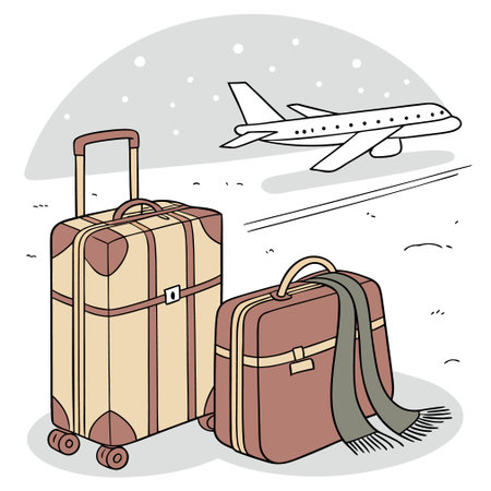Suitcases and airplane on the background of snow. Vector illustration.のイラスト素材