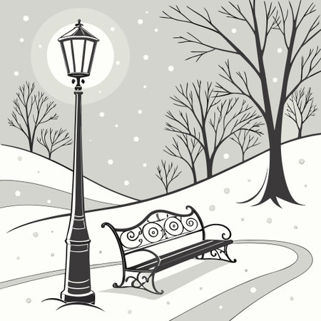Lantern and bench in the winter park, vector illustration.のイラスト素材