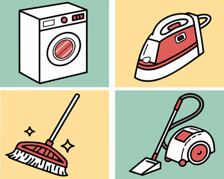Household cleaning tools icons set. Vector illustration in cartoon style.のイラスト素材