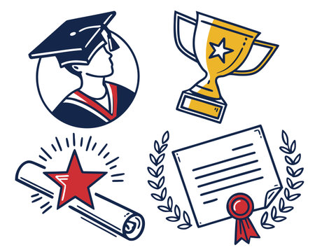 Graduation cap, diploma, certificate and trophy icons set. Vector illustrationのイラスト素材