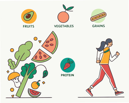 Vector illustration of healthy lifestyle concept with woman walking in the park and eating fruits and vegetables.のイラスト素材